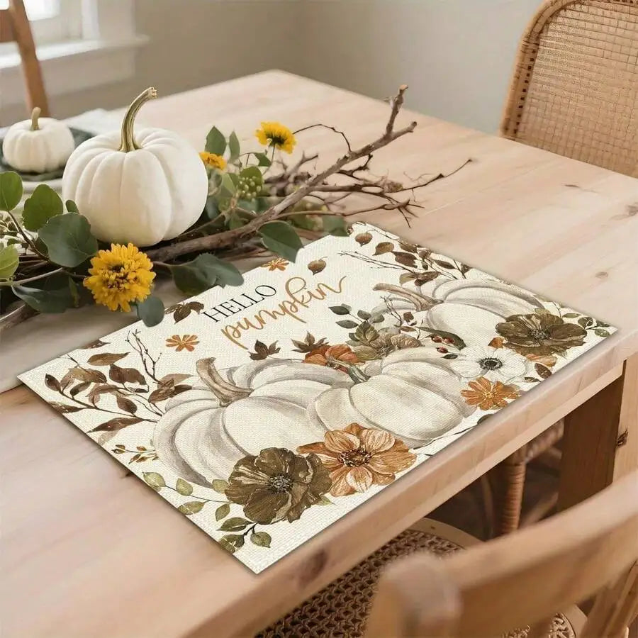 4pcs Hello Pumpkin Hand-Painted Flowers White Pumpkin Placemats 12x18 Inch Fall Thanksgiving Table Decorations For Kitchen Di