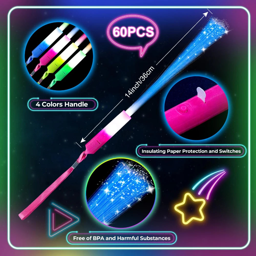 60pcs Colorful LED Glow Fiber Optic Fluorescent Sticks, Party Wands, Batons, DJ Flashing Glow Sticks, Bulk Foam Glow Sticks, Col