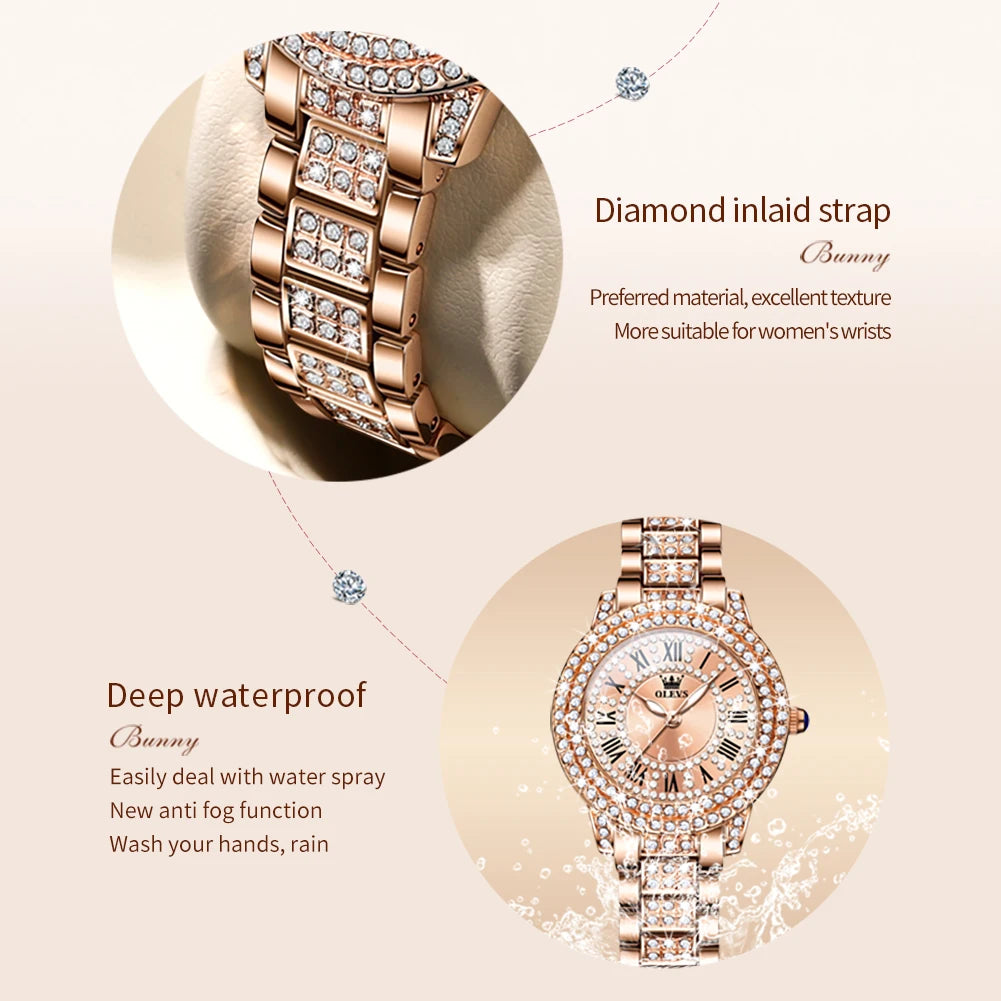 OLEVS 9943 Diamond Women's Waterproof Quartz Stainless Steel Wristwatch