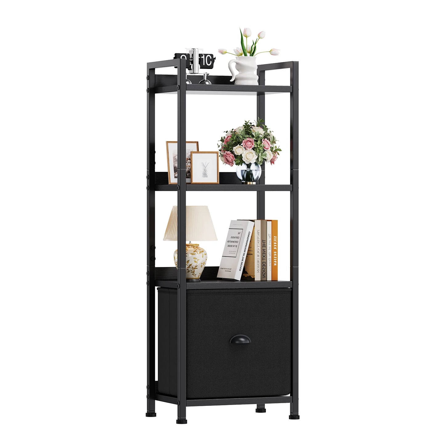 MCQ 4-5 Tier Bookshelf with Fabric Drawer Standing Open Book Shelf Organizer Wood and Metal Storage Shelf Organizer in Living Room Bedroom