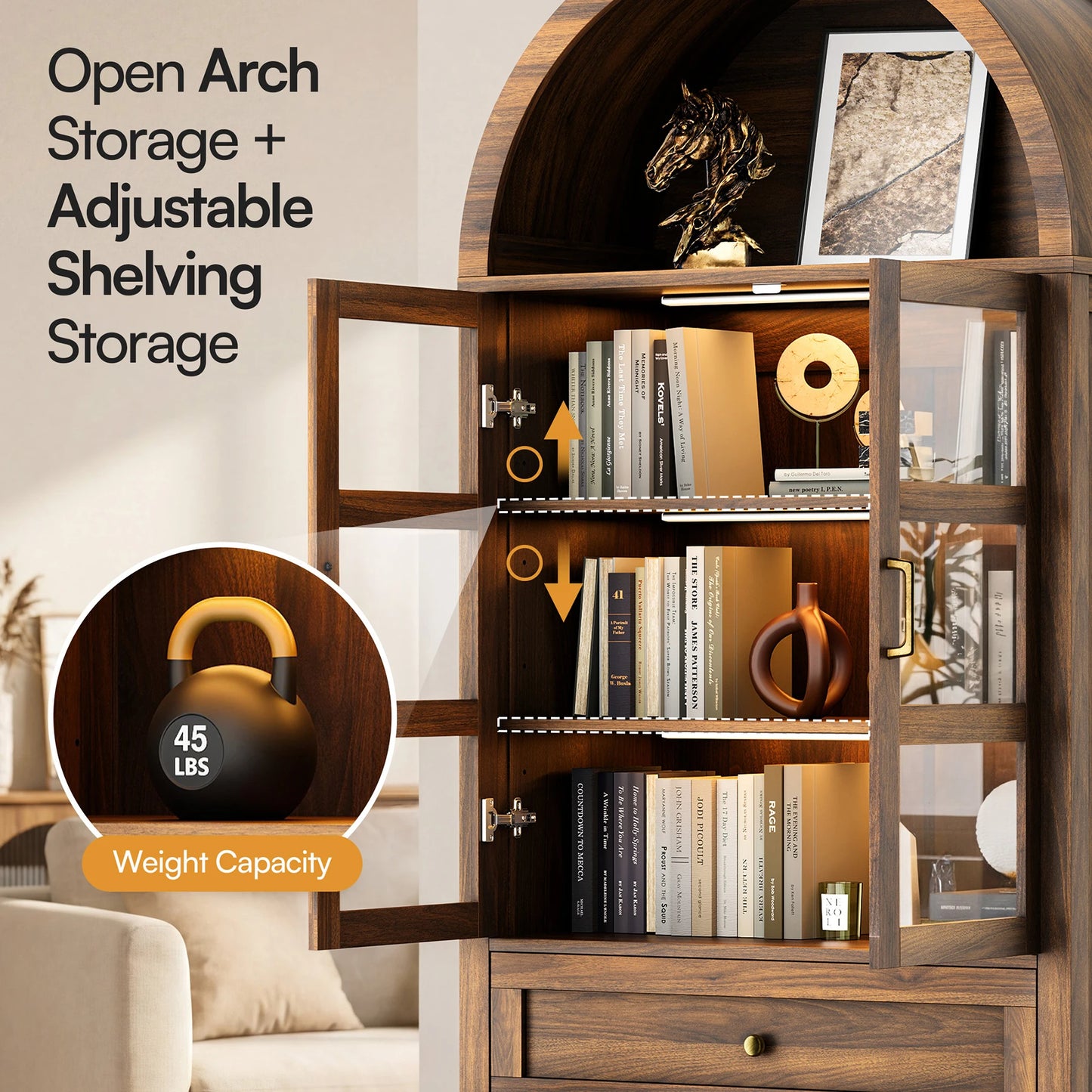 71 Inch Tall Full Wood Arched Storage Cabinet Adjustable Shelves Bookcase with Dimmable LED Lights for Living Room Bedroom