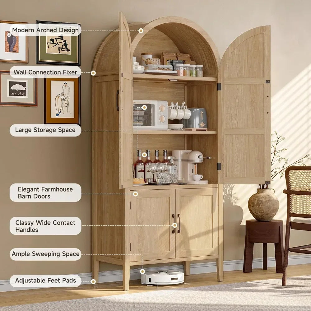 Wooden Arched Pantry Cabinet With Doors 5-Tier Farmhouse Storage For Kitchen Use
