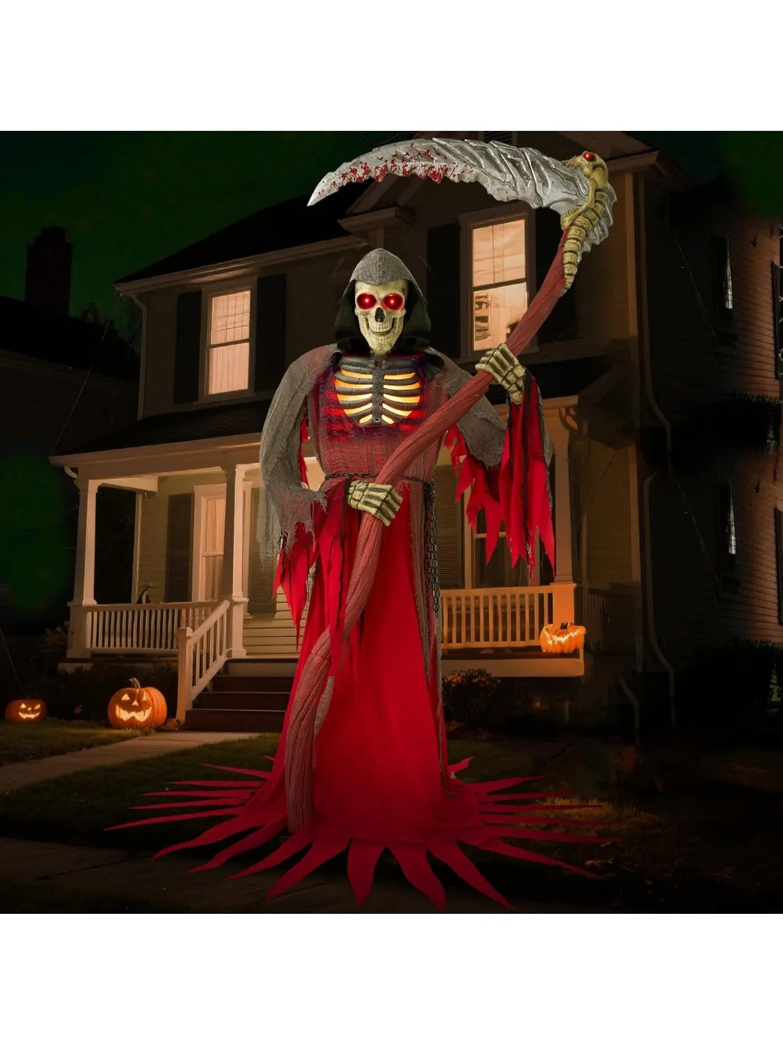 7Ft Animatronics Grim Reaper Halloween Decor Outdoor Animated Standing Skeleton Holding Giant Scythe with Light and Infrared Sensor Scary Ghost Decor for Indoor Lawn Haunted House