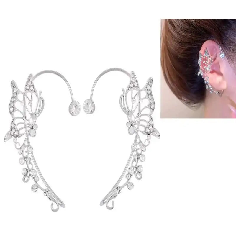 Korean Elf Butterfly Ear Cuff Without Piercing Clip Earrings for Women Elegant Sparkling Zircon Crystal Ear Clip Wedding Jewelry