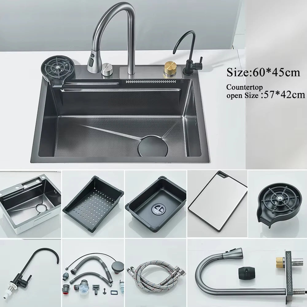 MYQualife 304 Stainless Steel Waterfall Kitchen Sink With Soap Dispenser