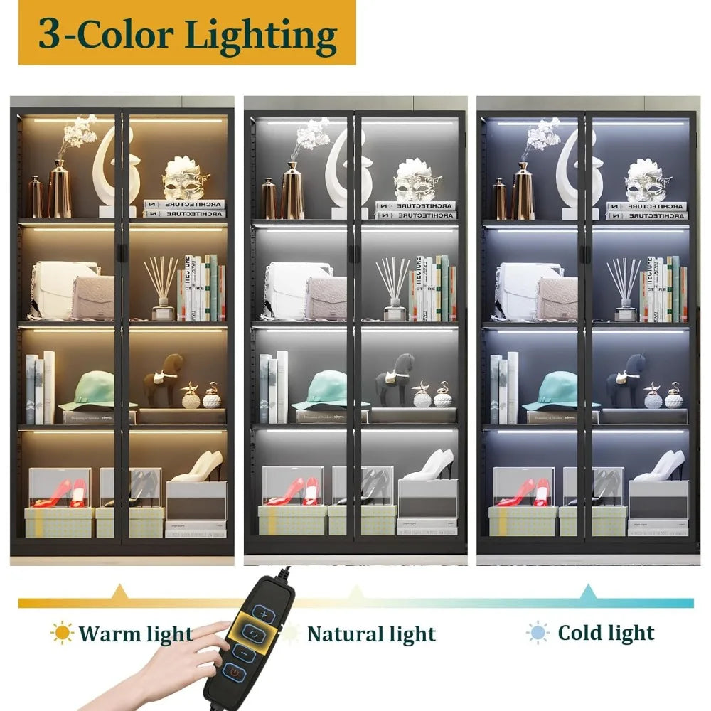 Display Cabinet with Glass Doors and LED Lights, Glass Display Case with 3 Adjustable Shelves,4 Tier of Storage Space Curio Cabi