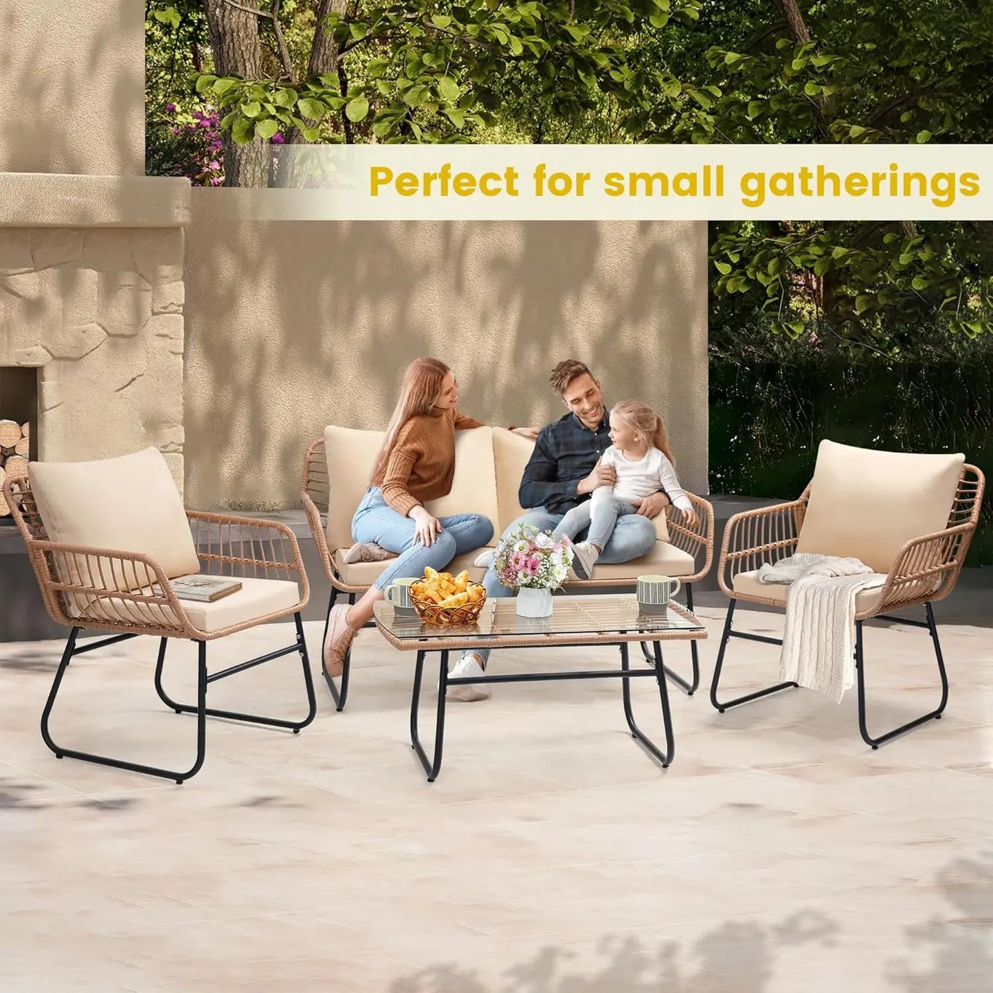 Four Piece Modern Wicker Patio Bistro Outdoor Furniture Set
