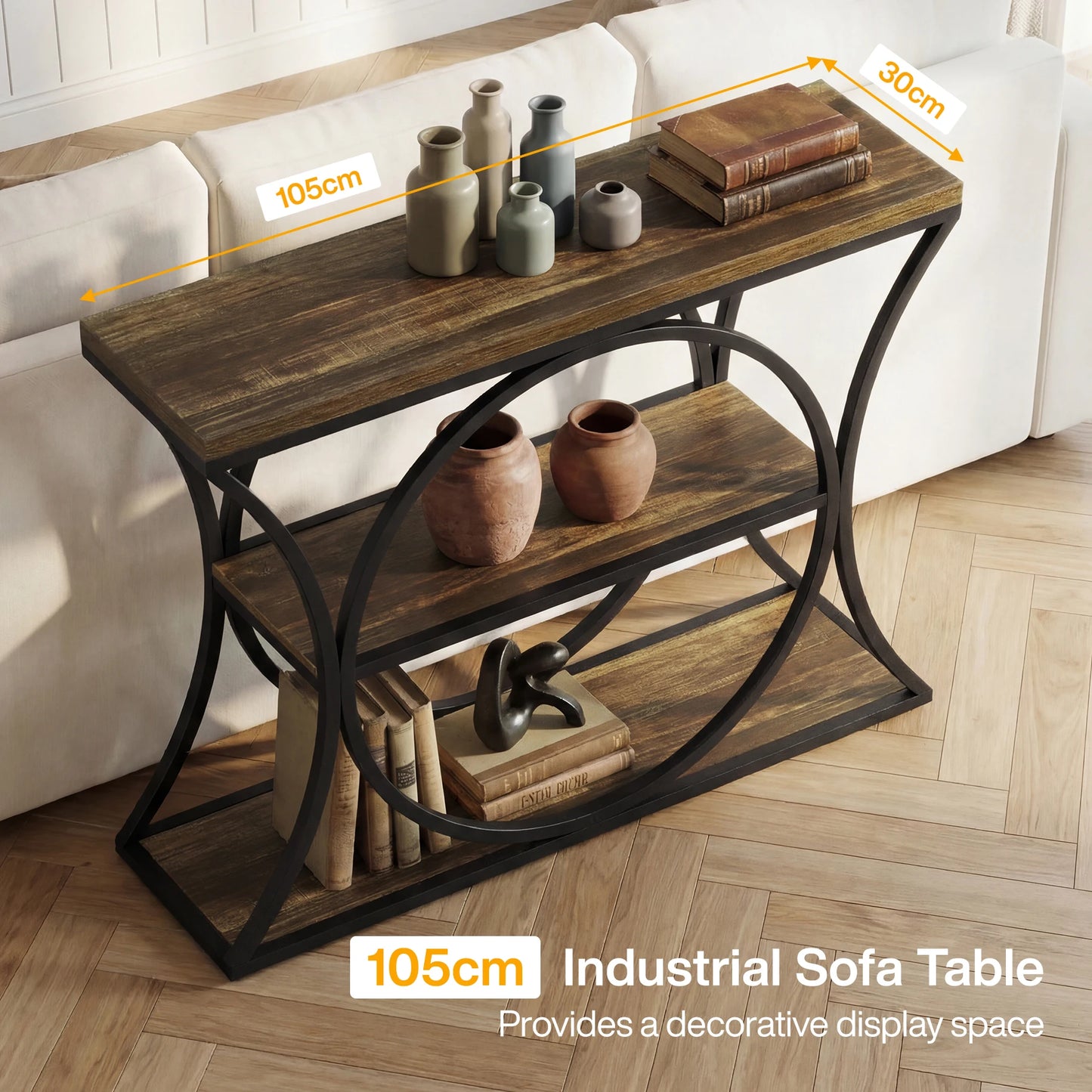 Tribesigns 43.34-Inch Industrial Console Table, 3-Tier Sofa Table with Arched Metal Frame, Narrow Accent Entryway Tables with Storage Shelf for Living Room, Behind Couch, Hallway, Foyer, Small Spaces