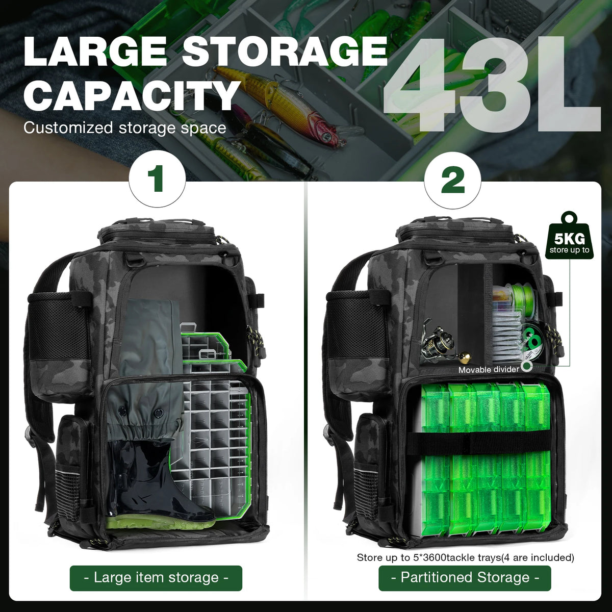 Ghosthorn 43L Fishing Backpack with 4×3600 Tackle Boxes, Rod Holder & Detachable Waist Bag, Waterproof