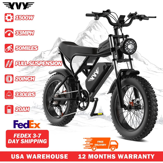 YVY Electric Bike for Adults 1500W 33MPH 48V 20Ah Removable Battery 20" All Terrain for Mountains Sand Fat Tire Ebike Motorcycle