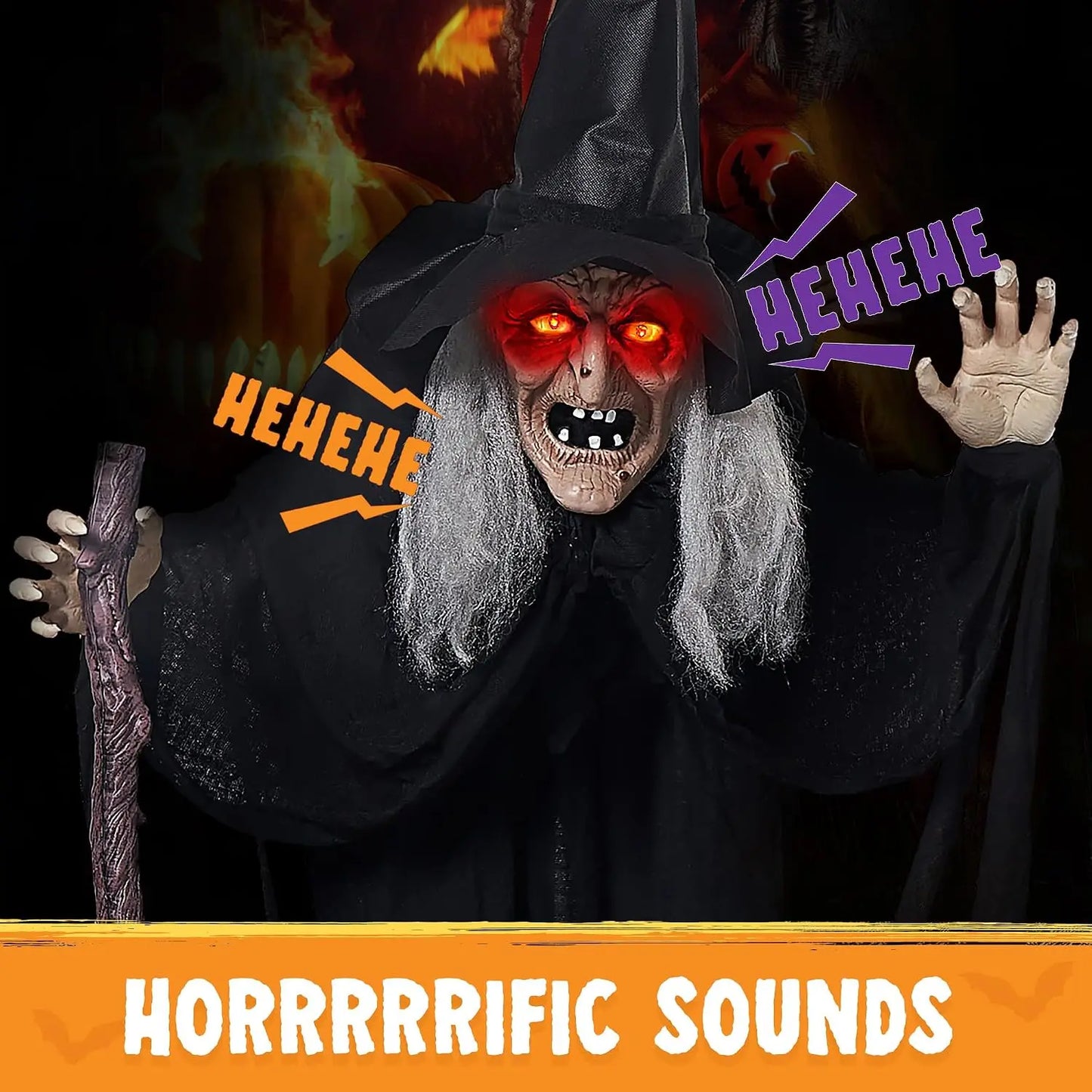 72" Animatronics Witch Outdoor Halloween Decorations with Cane Life Size Animated Ghost Haunted House Prop Décor with Creepy Sound and Light-up Eyes, Party Supplies
