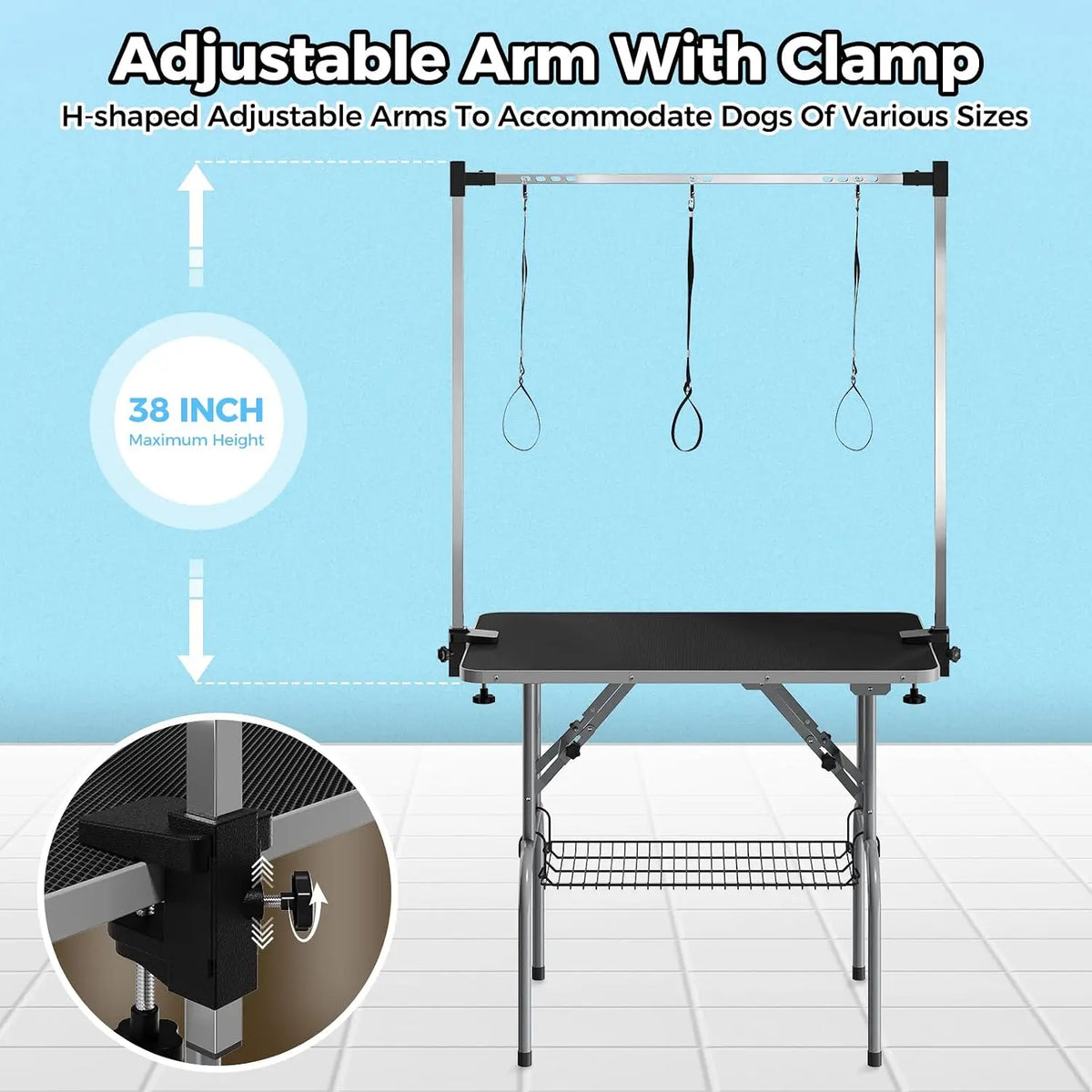 Garvee 36'' Foldable Dog Grooming Table Portable Bathing and Haircut Station for Dogs/Cats Anti-Slip Surface Lightweight for Home Salon Use Adjustable H Arm, Mesh Storage Basket, Waterproof Anti-Slip Top