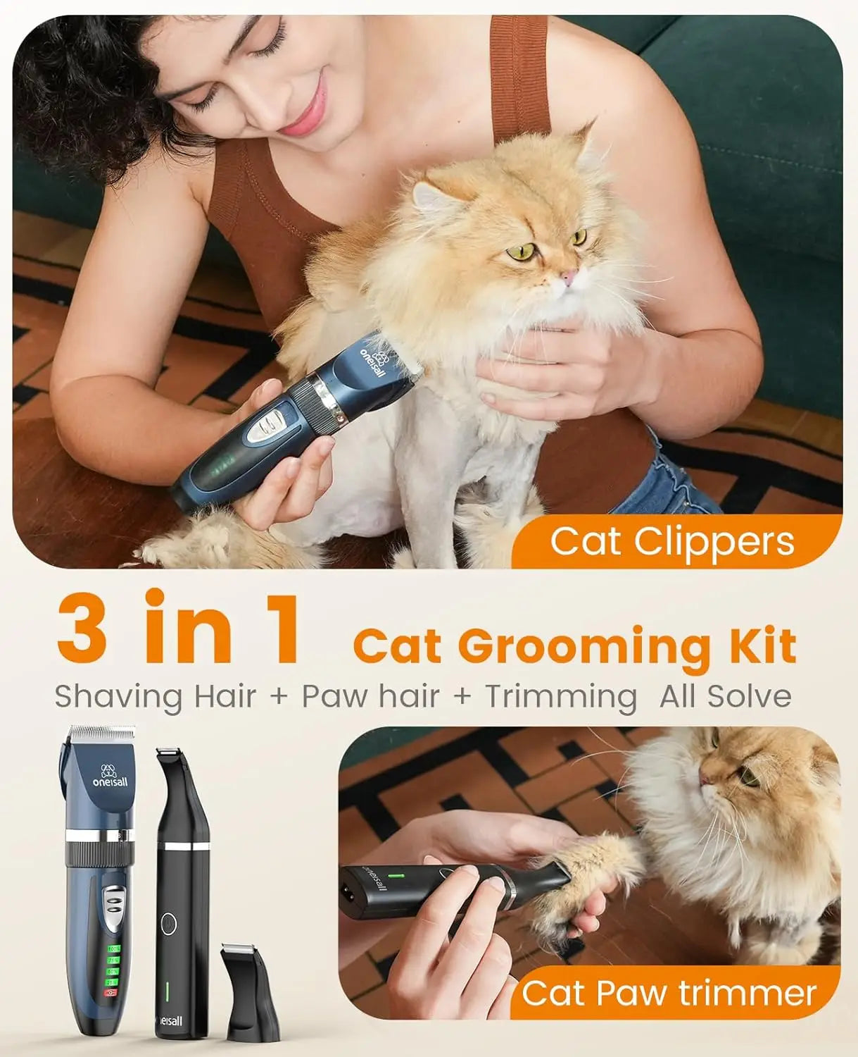 Three In One Cordless Cat Grooming Kit With Paw Trimmer