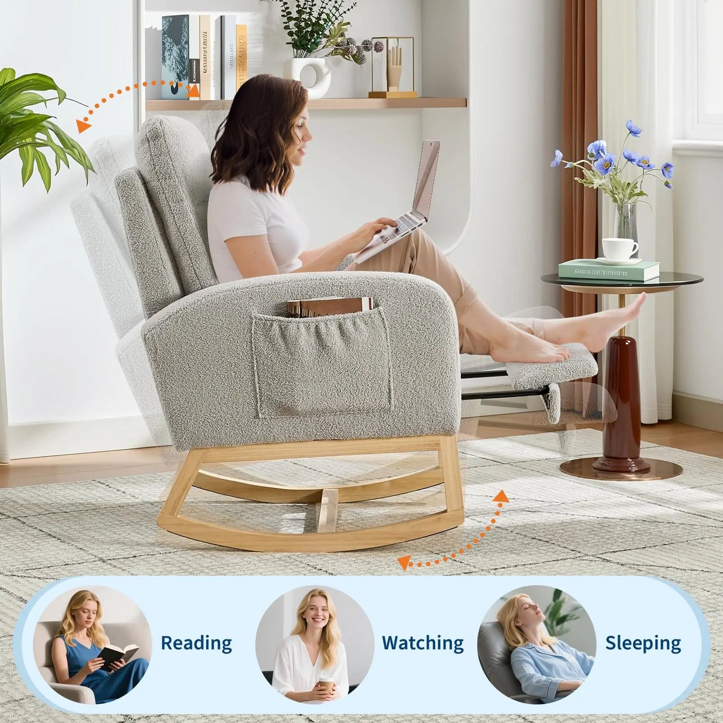 Modern Nursery Rocking Chair, Teddy Upholstered Rocking Chair with Footrest, Comfortable Rocker Recliner with Side Pocket, Rocker Glider for Living Room, Bedroom, Nursing Room