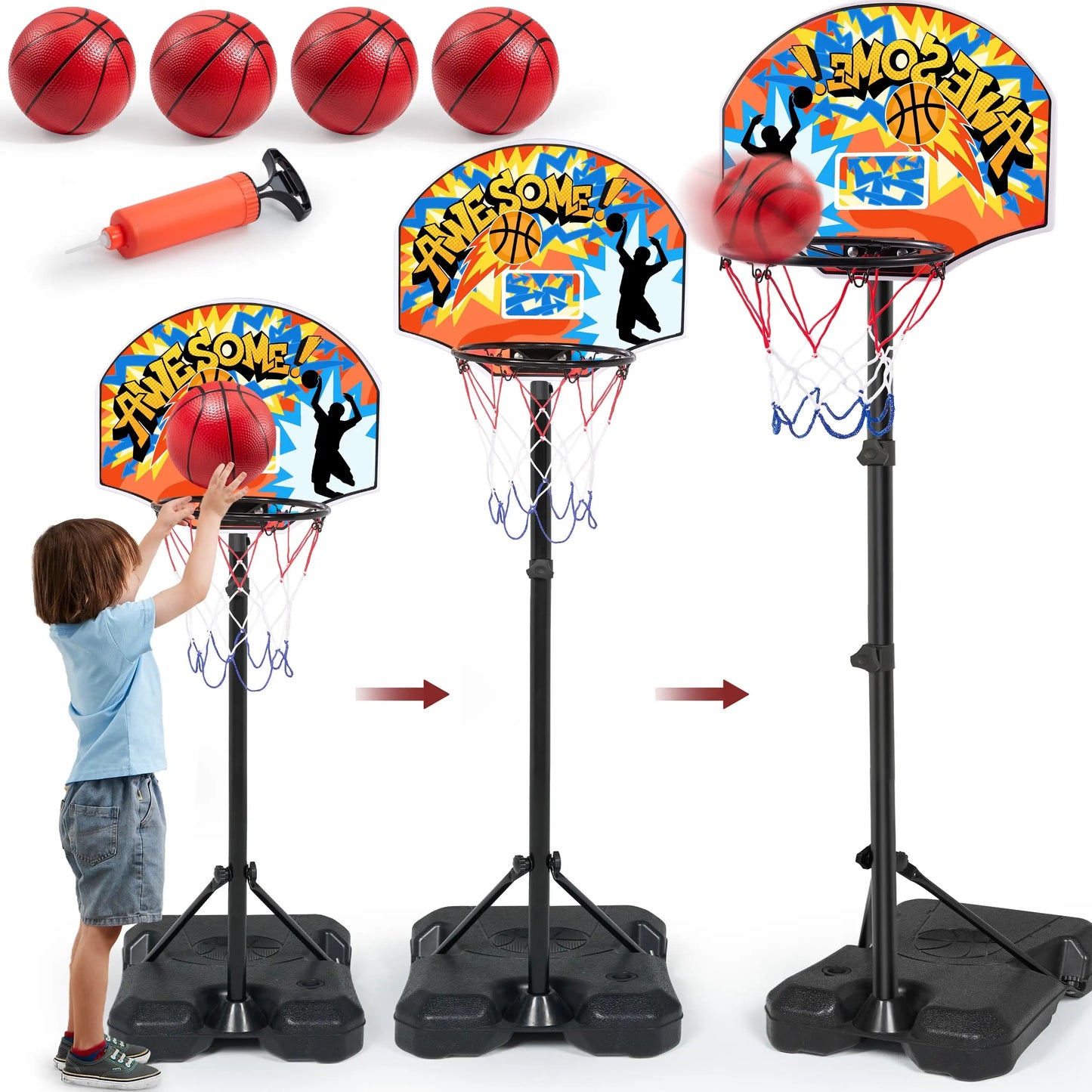 JOYFY 2.8-6.2 ft Adjustable Kids Basketball Hoop with 4 Balls Toddler Indoor Outdoor Basket Ball Game Set for Boys Girls