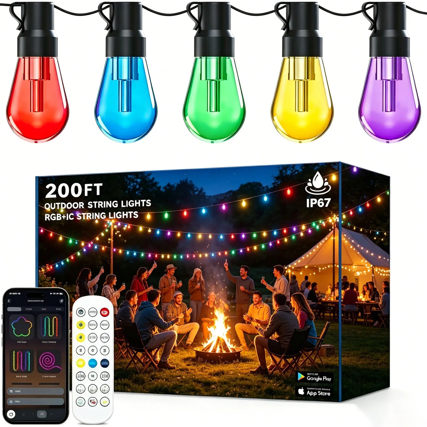 200FT RGB+IC Outdoor String Lights IP67 Waterproof DreamColor LED Bulbs Dimmable Shatterproof Patio Backyard Balcony Eave Lights APP Remote Control Chasing Effect