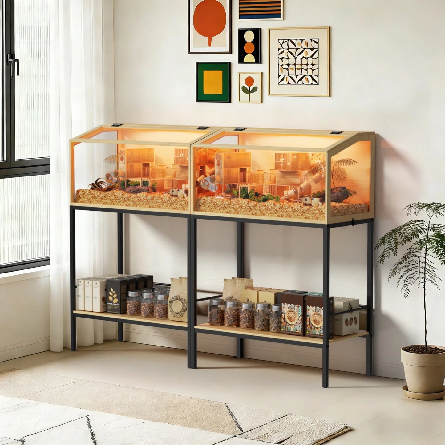 Wooden Hamster Cage With Built In LED Habitat Glass Panels