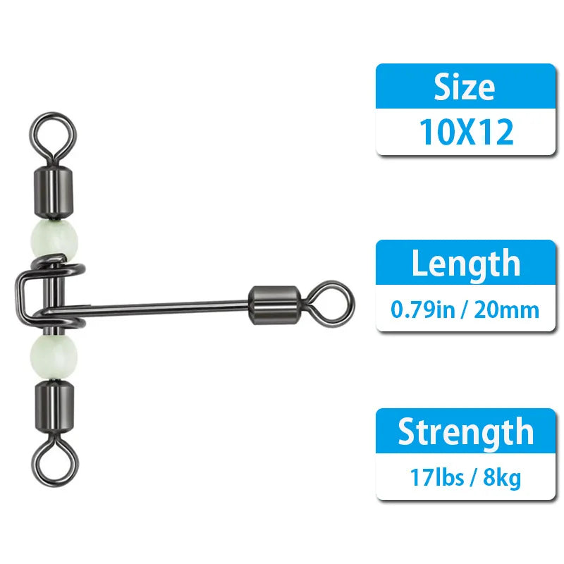 30pcs 3 Way Fishing Swivels Cross Line T Shape Swivels Fishing Snap Connectors with Glow Beads Tackle Saltwater Freshwater