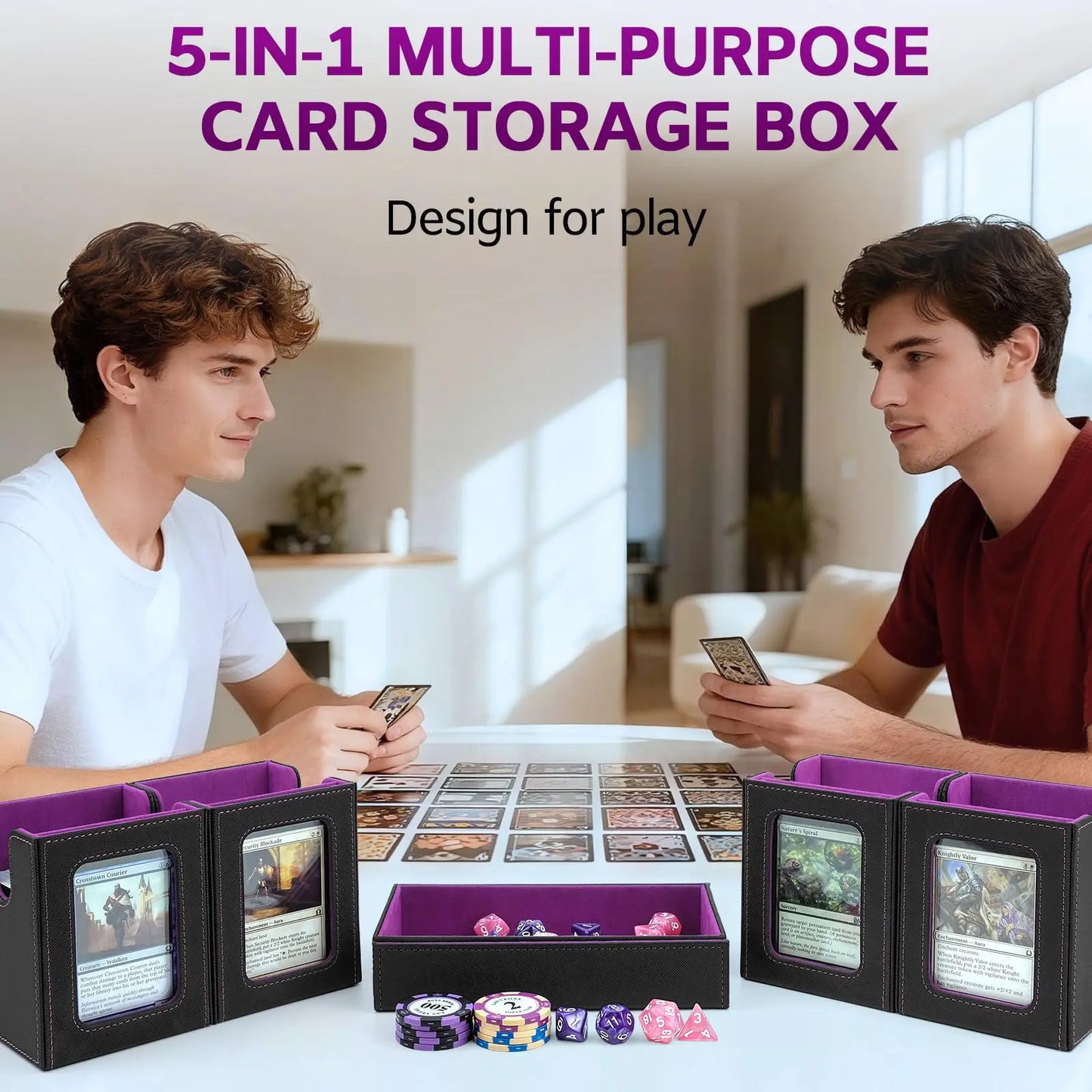 Commander Deck Box for MTG, Trading Card Storage Box Fits 400+ Double-Sleeved Cards, 5-IN-1 Multi-purpose Removable Deck Case with Dice Tray, Display Window for TCG/Sports Card