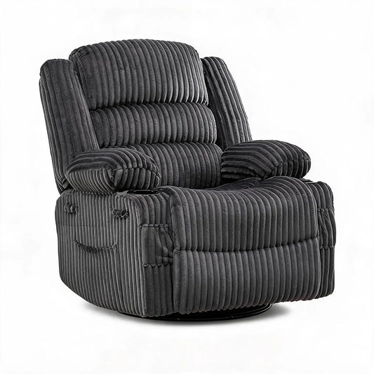 360° Swivel Rocking Recliner Chair With Cup Holder, Oversized Corduroy Nursery Glider, Deep Seat Lounge Chair For Living Room