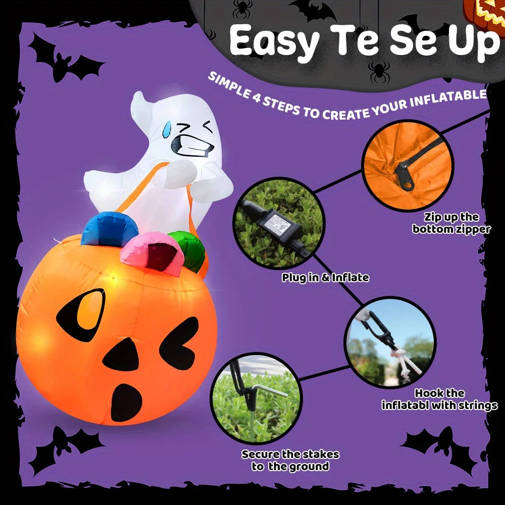 5 FT Tall Halloween Inflatables Outdoor Decorations Inflatable Cute Ghost Halloween Decor Outdoor Blow Up Ghost Lift Pumpkin Candy Bag with Build-in LEDs for Yard Decorations