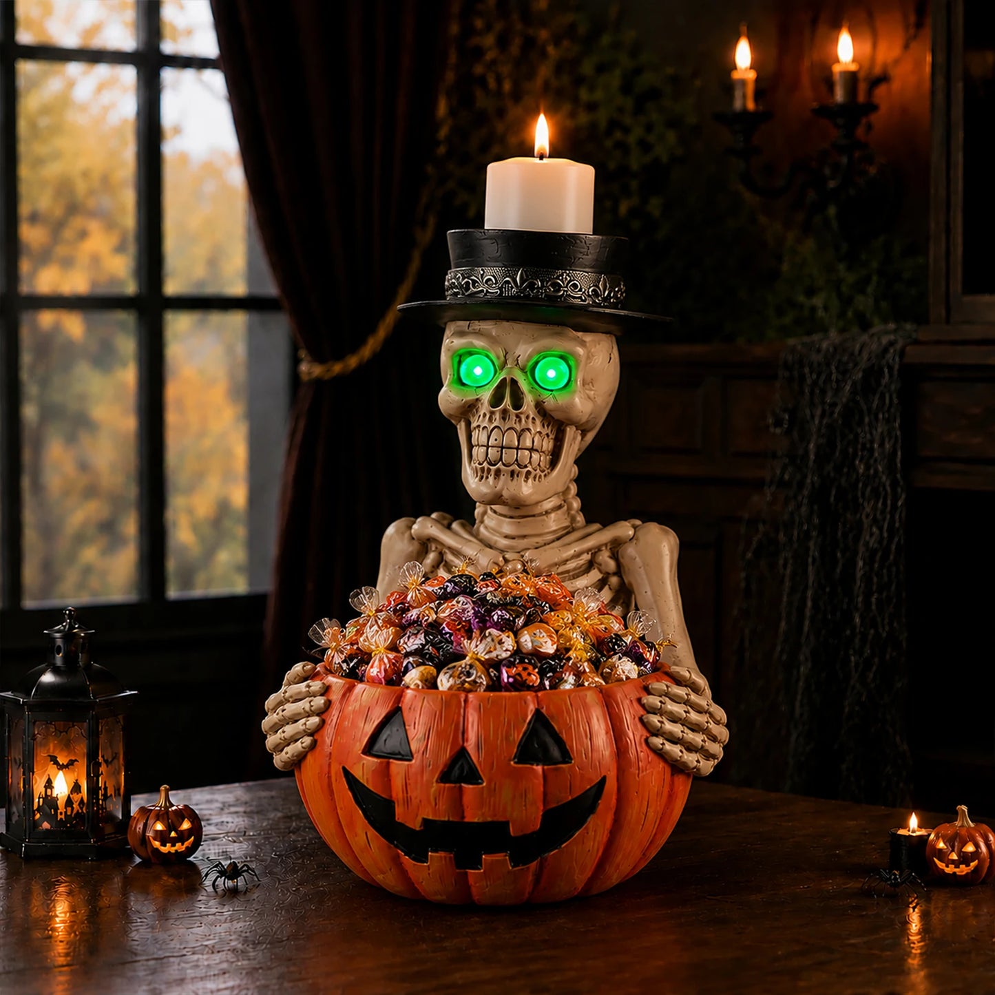 Halloween Skeleton Figurine with Pumpkin Candy Bowl & Candle Holder, Spooky Table Decor for Halloween