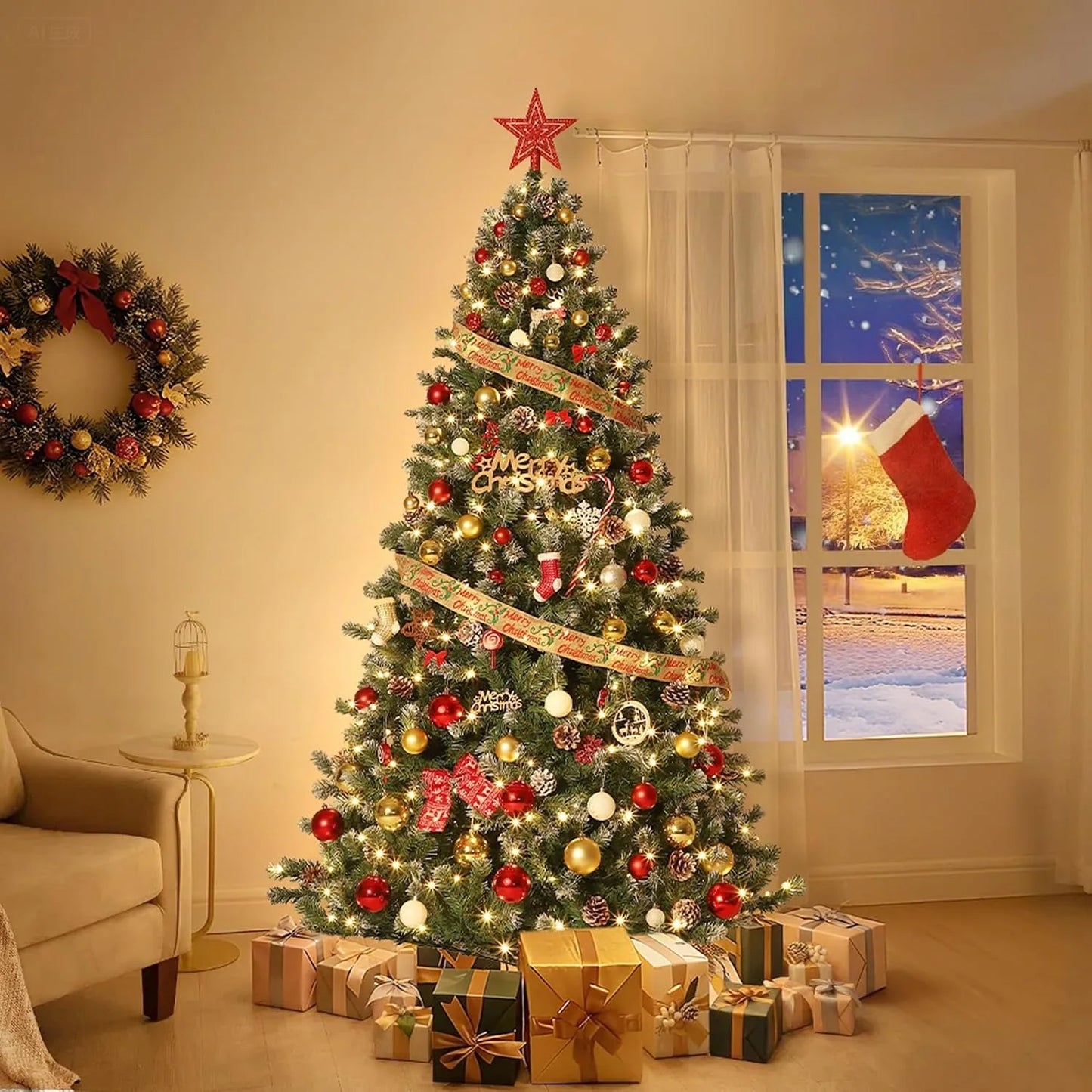 6 Ft Pre-Lit Pencil Snow Flocked Spruce Artificial Christmas Tree with Pine Cones & Foldable Stand, Slim Green-White Xmas Tree for Indoor Holiday Decoration
