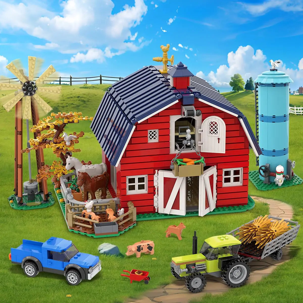 HOGOKIDS Farm Barn Building Set With Windmill Light And Animals
