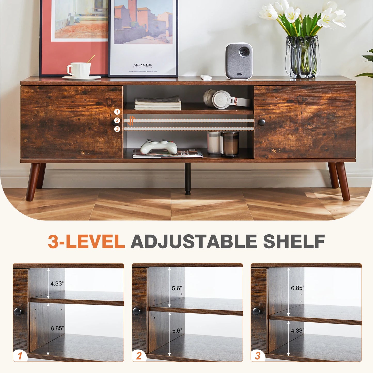 Wooden TV Stand 50 To 60 Inch TV With StorageCompartments