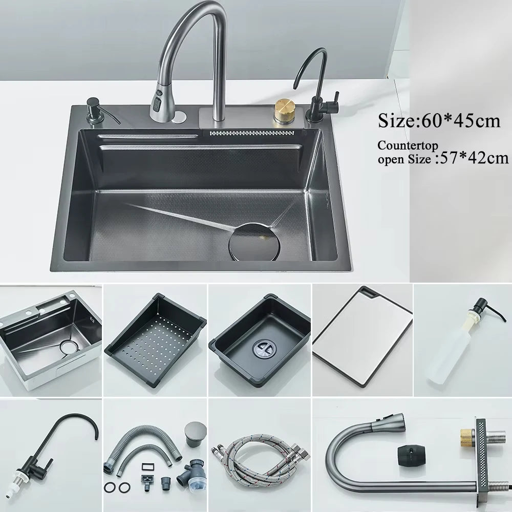MYQualife 304 Stainless Steel Waterfall Kitchen Sink With Soap Dispenser
