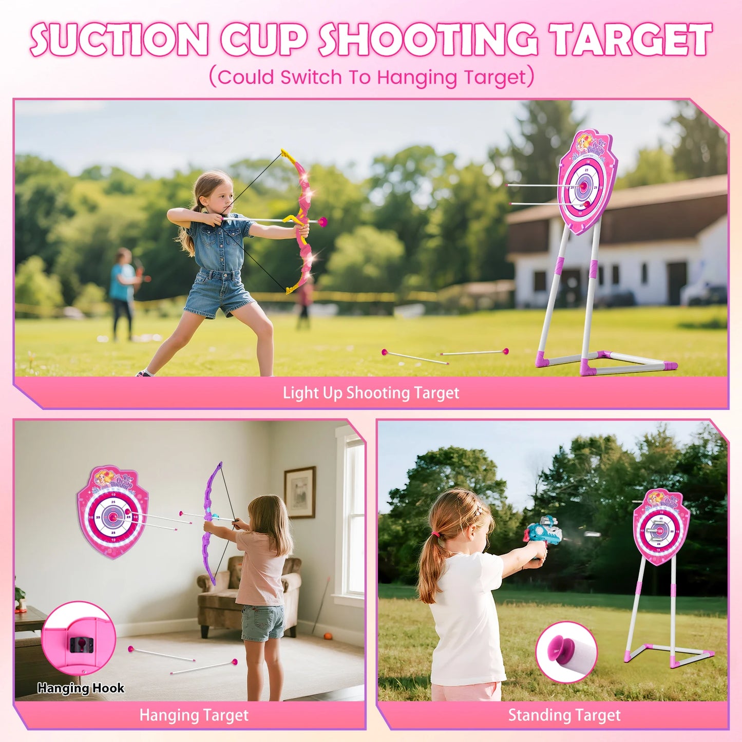 VATOS Night-Light Bow Arrow Guns Toy For Girls Archery Stand Target Board Indoor Outdoor Game Toys Kids Christmas Birthday Gift