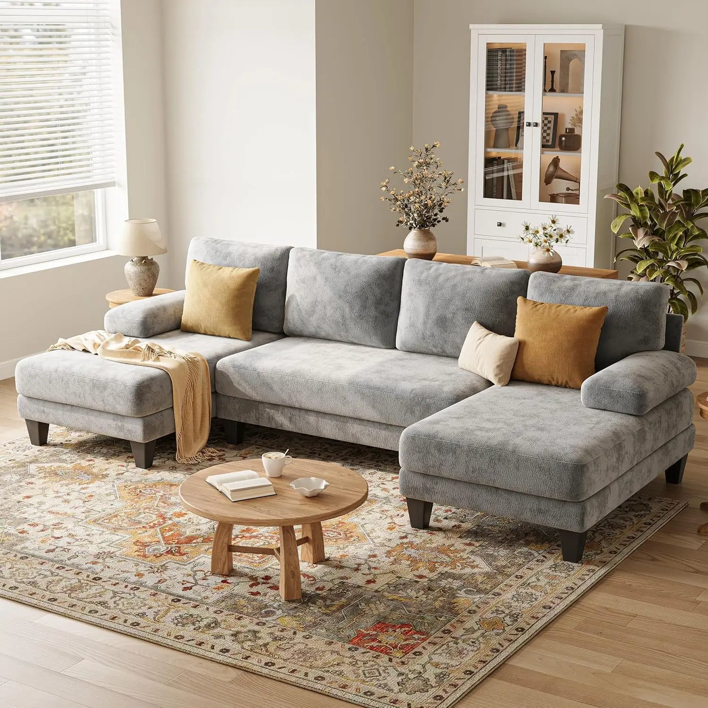 U Shaped Sectional Couch Chenille Sofa With Double Chaise