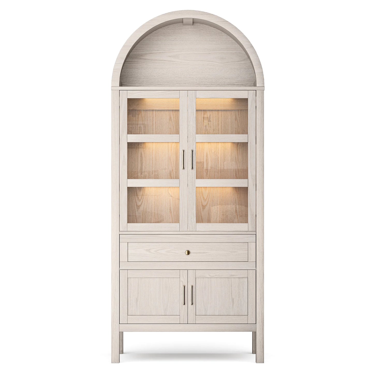 71 Inch Tall Full Wood Arched Storage Cabinet Adjustable Shelves Bookcase with Dimmable LED Lights for Living Room Bedroom