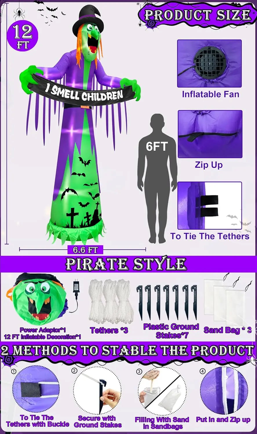 SHXI Halloween Inflatable Witch Outdoor Decoration With LED Lights