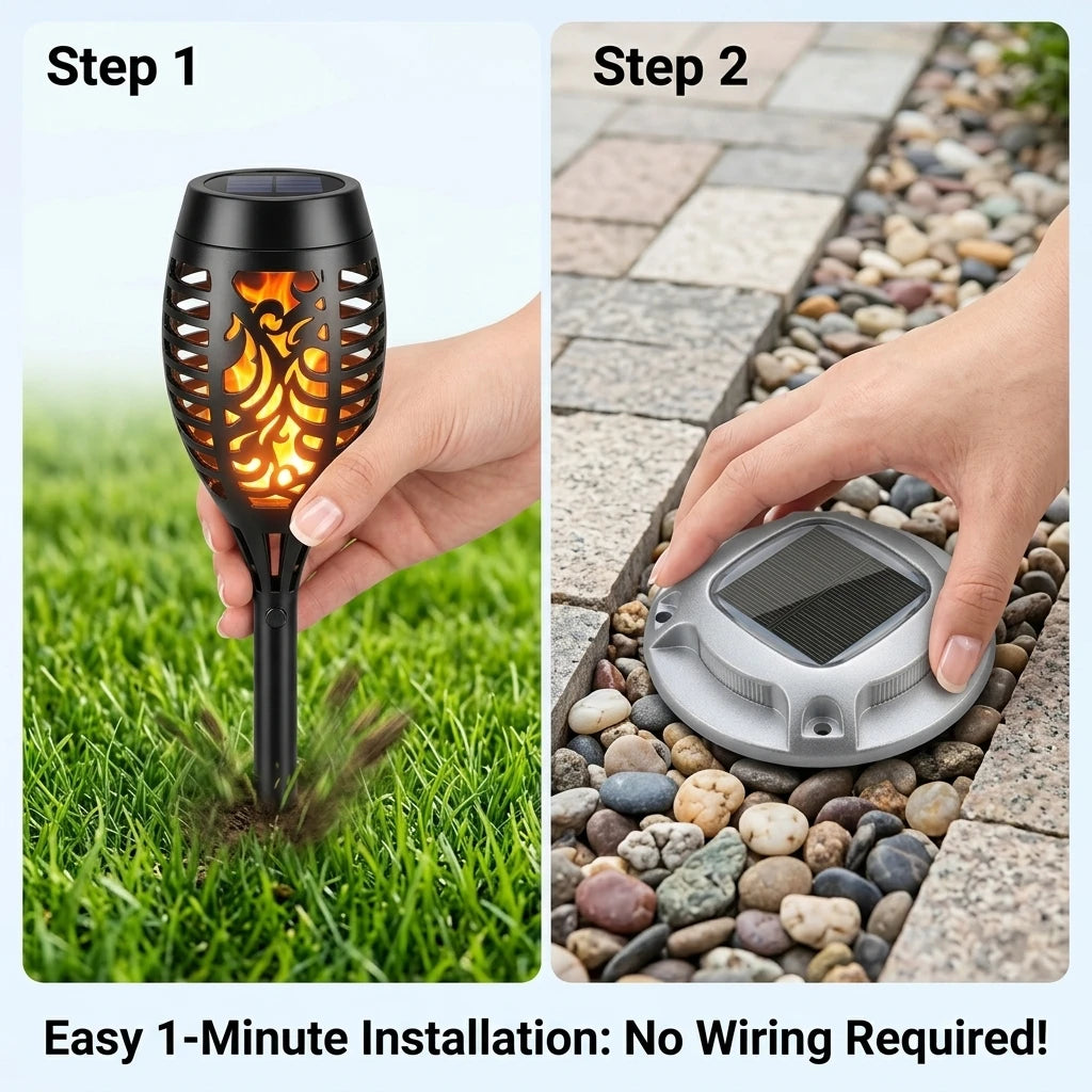 Solar Outdoor Torch And LED Ground Lights For Garden Pathways