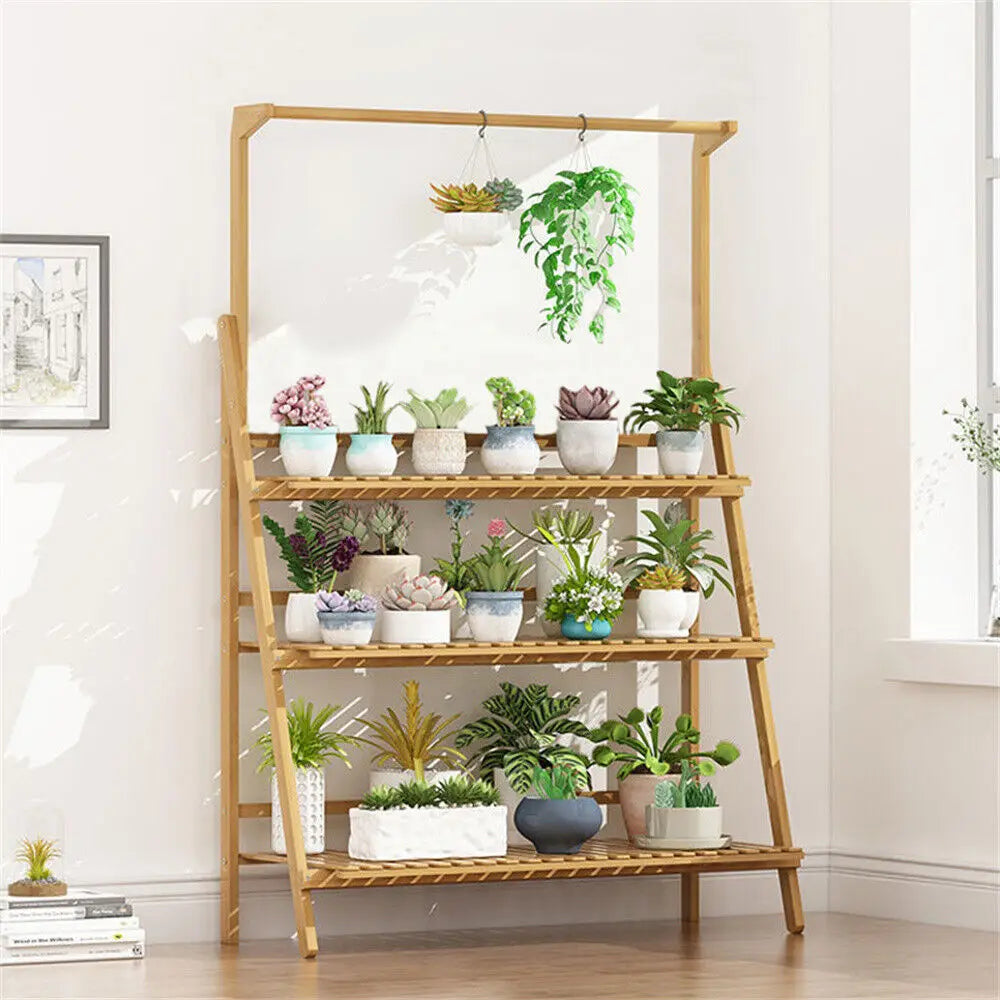 Folding Bamboo Plant Stand for Indoor and Outdoor Flower Pots