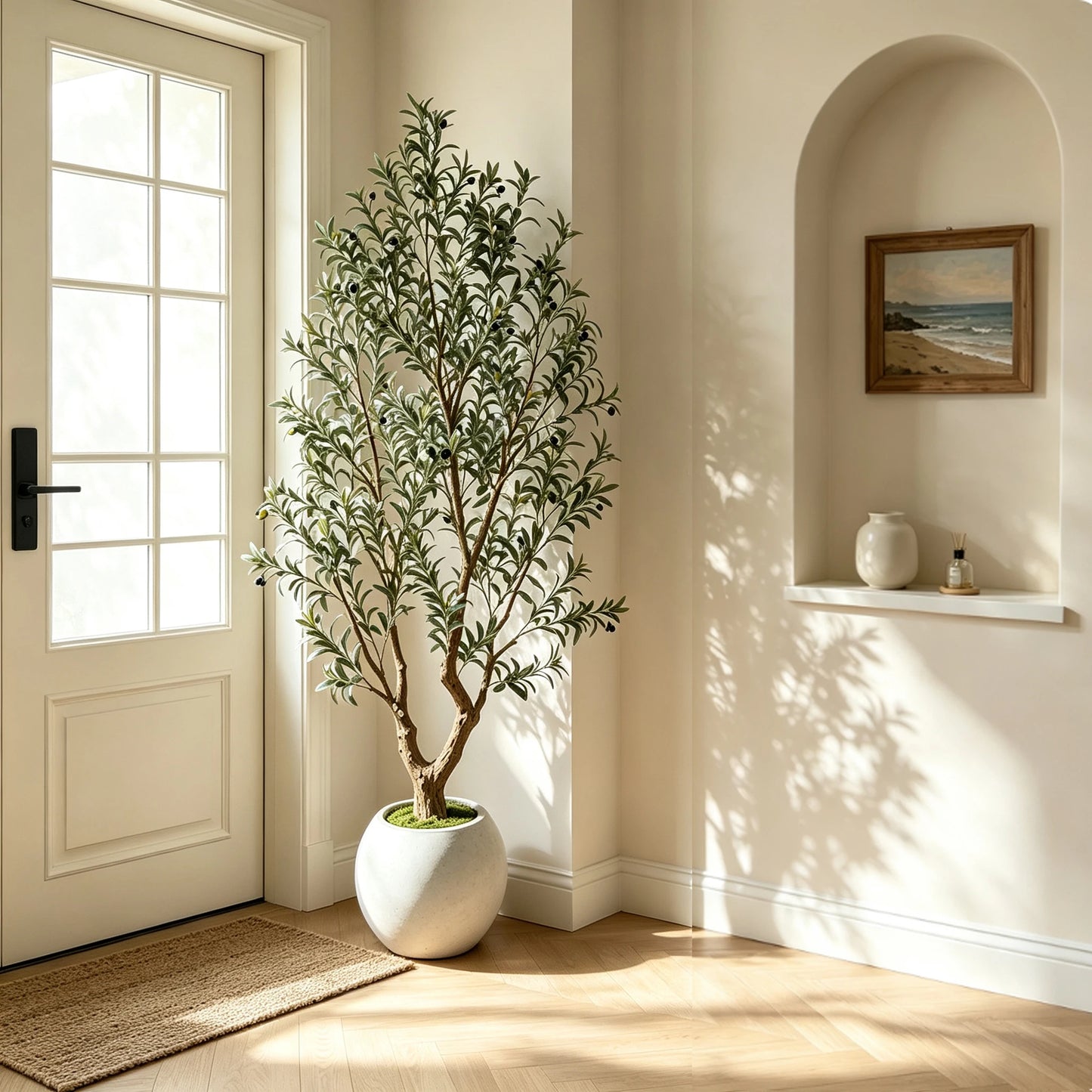 5/6/7/8FT Olive Tree Artificial Indoor Outdoor Faux Olive Tree in Decorative Planter Fluffy Artificial Plants with Natural Wood Trunk and PE Lifelike Fruits for Home Living Room Office Decor
