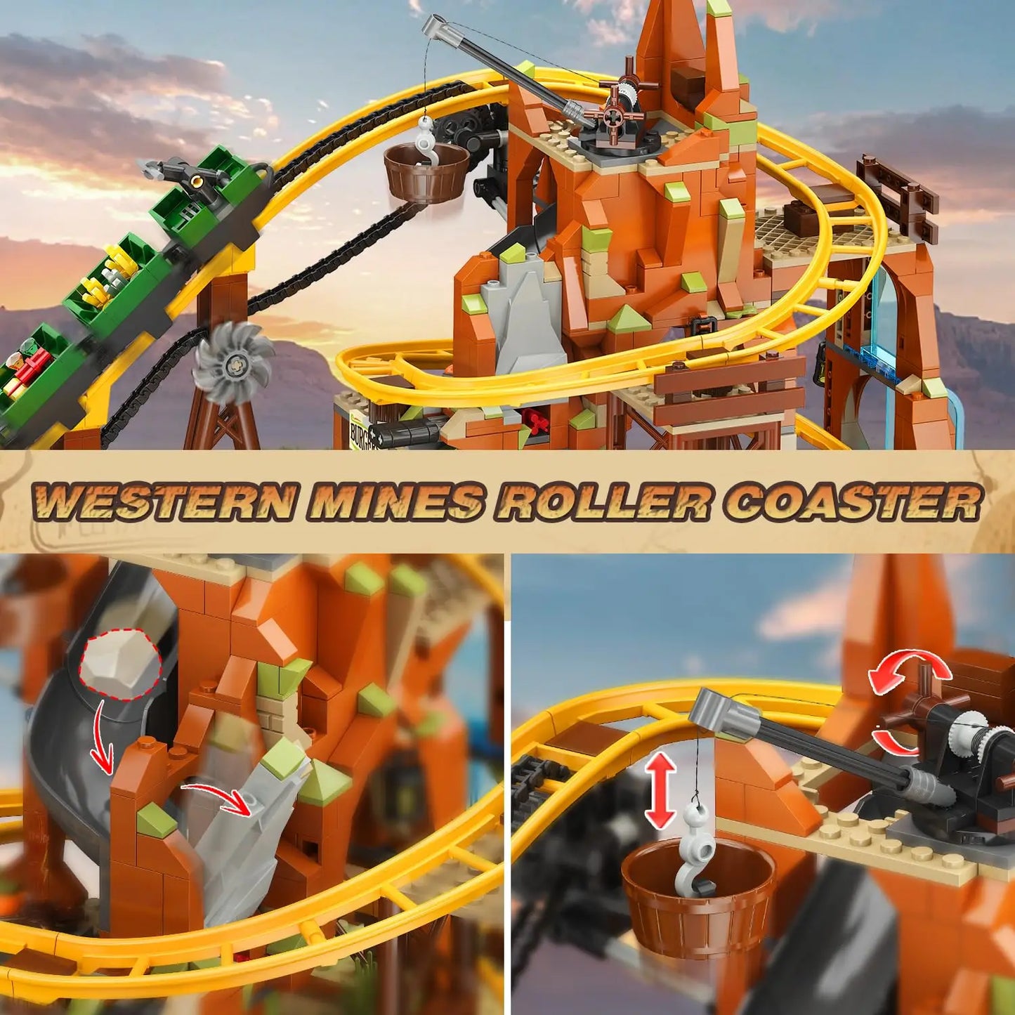 HOGOKIDS Western Roller Coaster Building Set Mine Train Playset
