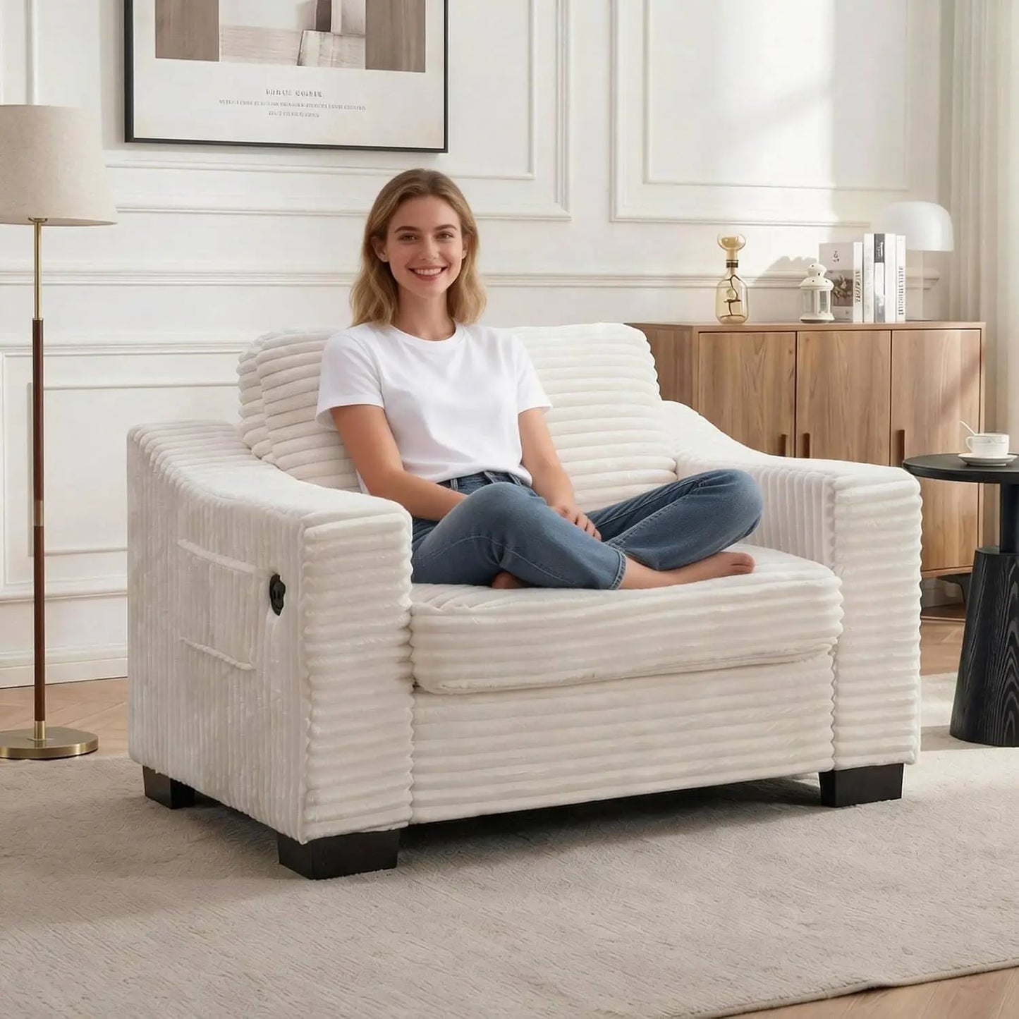 Corduroy Accent Chair With USB Charger Pocket Storage