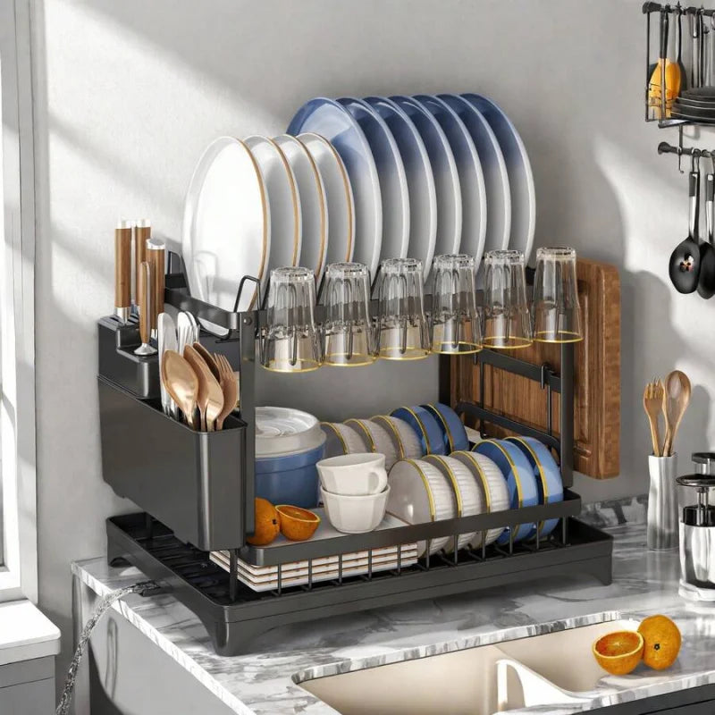 Stainless Steel Two Tier Dish Drying Rack With Auto Drainage
