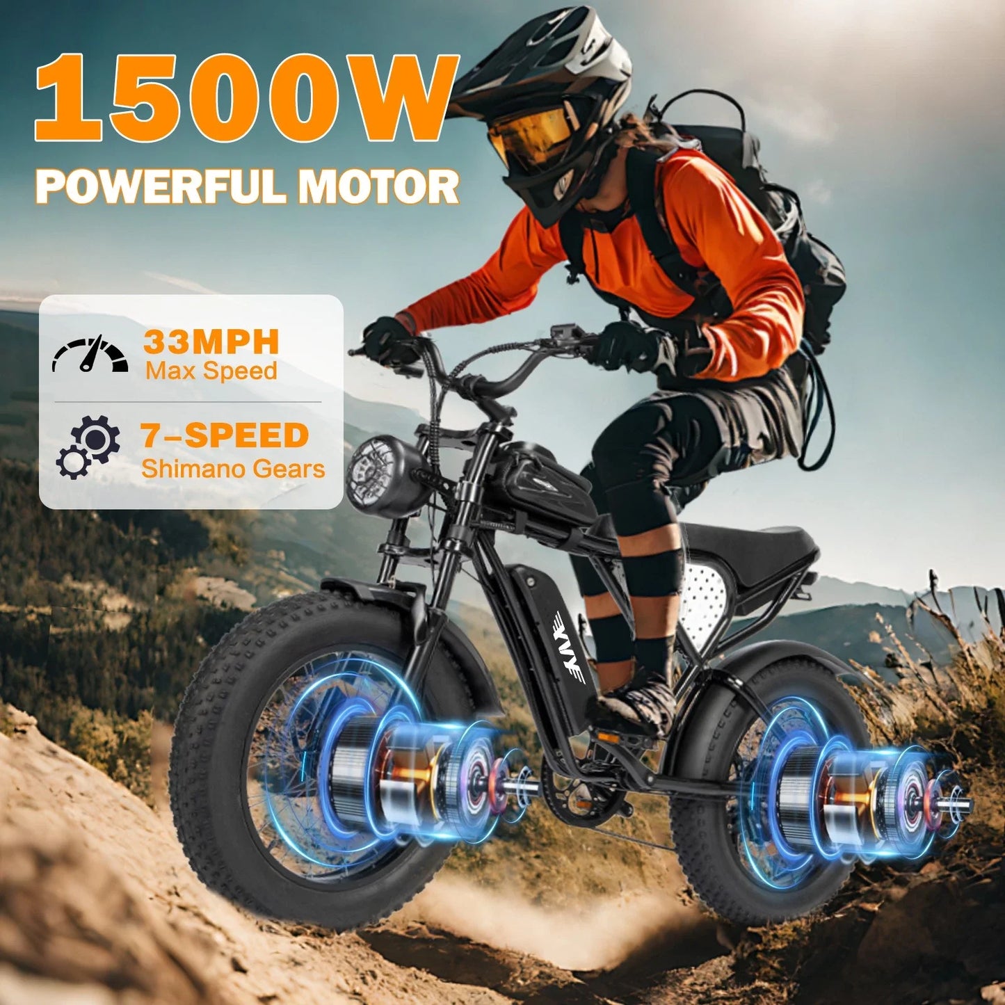 YVY 1500W Fat Tire Electric Bike For Adults All Terrain