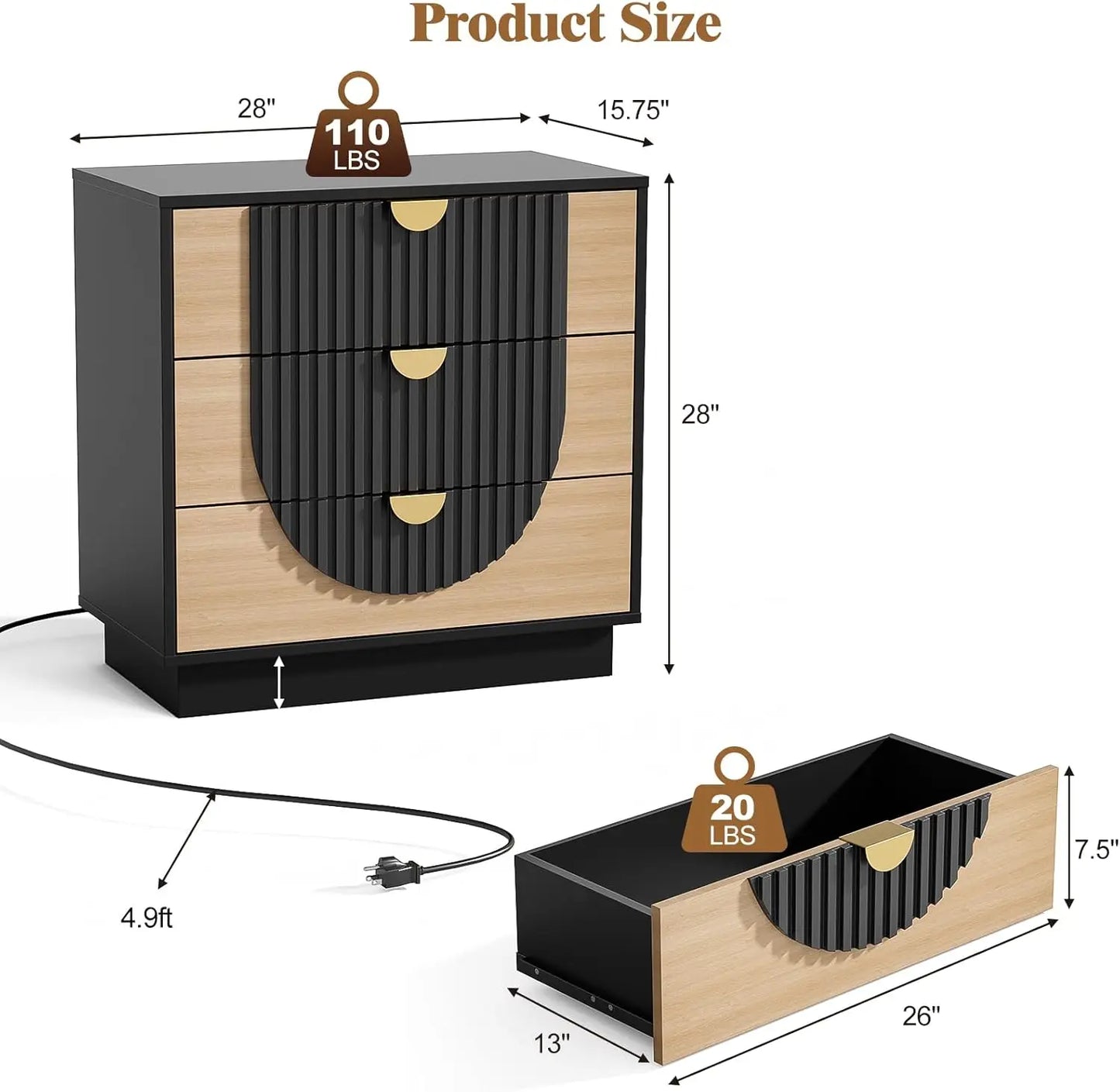 3 Drawer Nightstand With Charging Station Wood Bedside Table