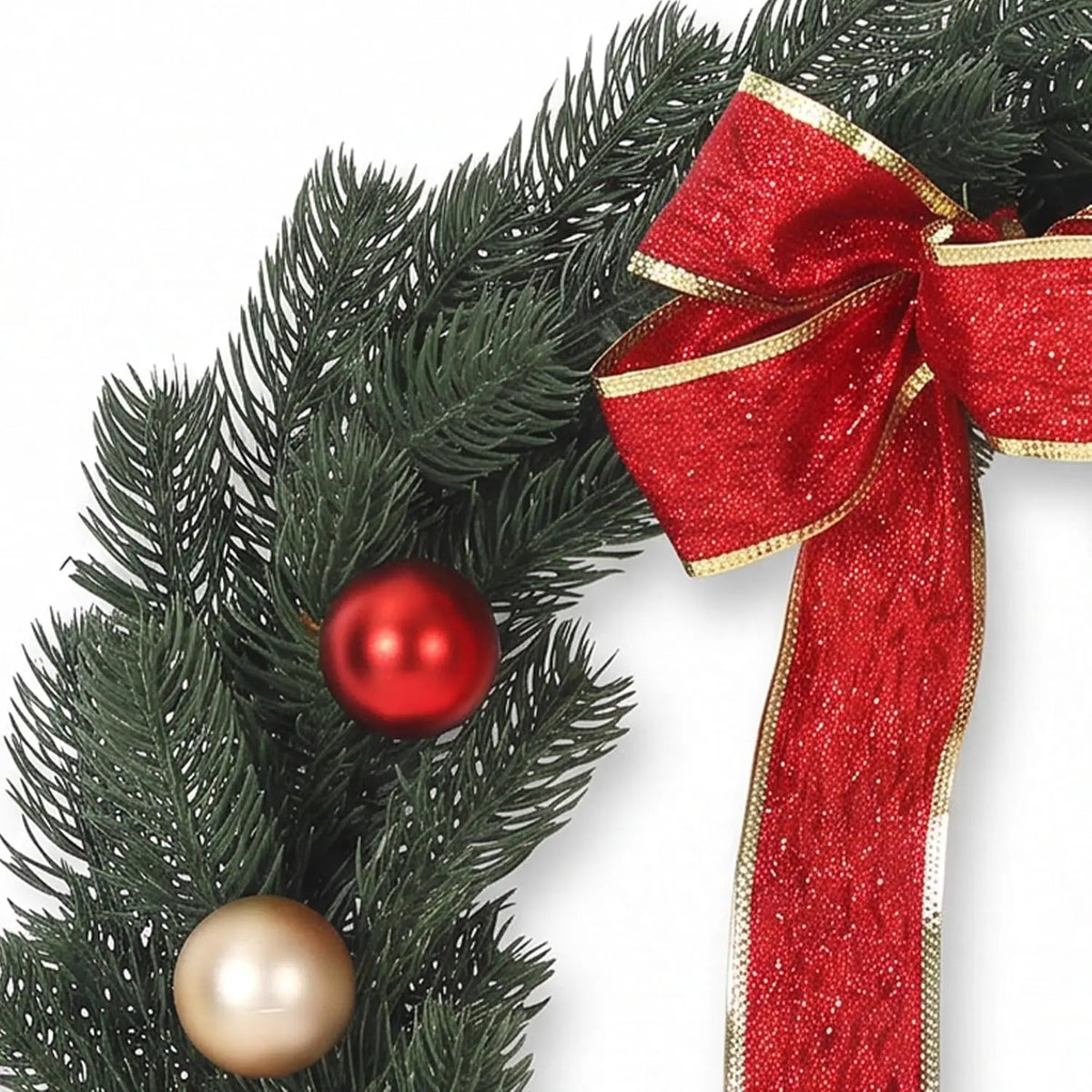 45/55/60CM Pre-Lit Christmas Wreath for Front Door Artificial Pine with LED Lights Red Bow & Red/Gold Ornaments Window Wall Hanging Decor Xmas Decorations