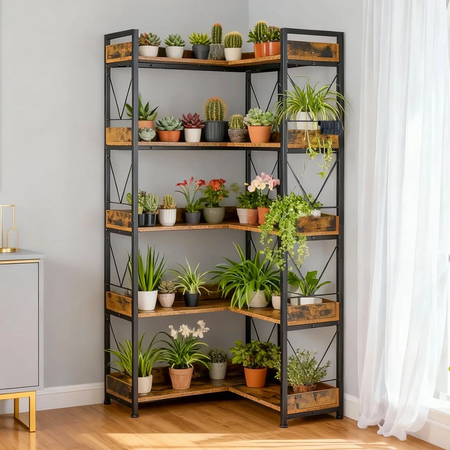 JHK L Shaped 5 Tier Corner Bookshelf 65 inch Bookcase with Hooks and Edge Industrial Pantry Shelves with Metal Frame Wooden Open Storage for Living Room Home Office