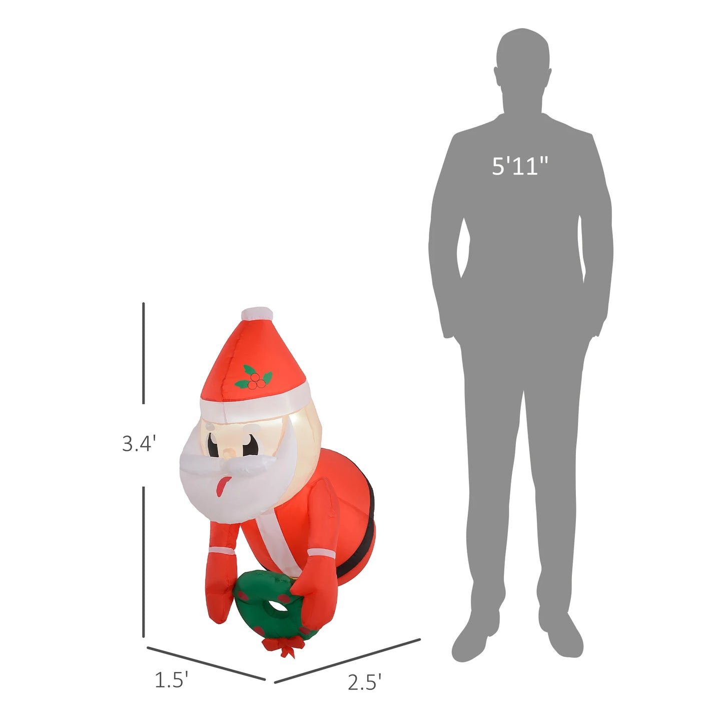 3.4' Christmas Inflatables Hanging Santa Claus Holding Wreath with White LED Lights, Blow-Up Outdoor Christmas Decorations for Lawn Garden Party