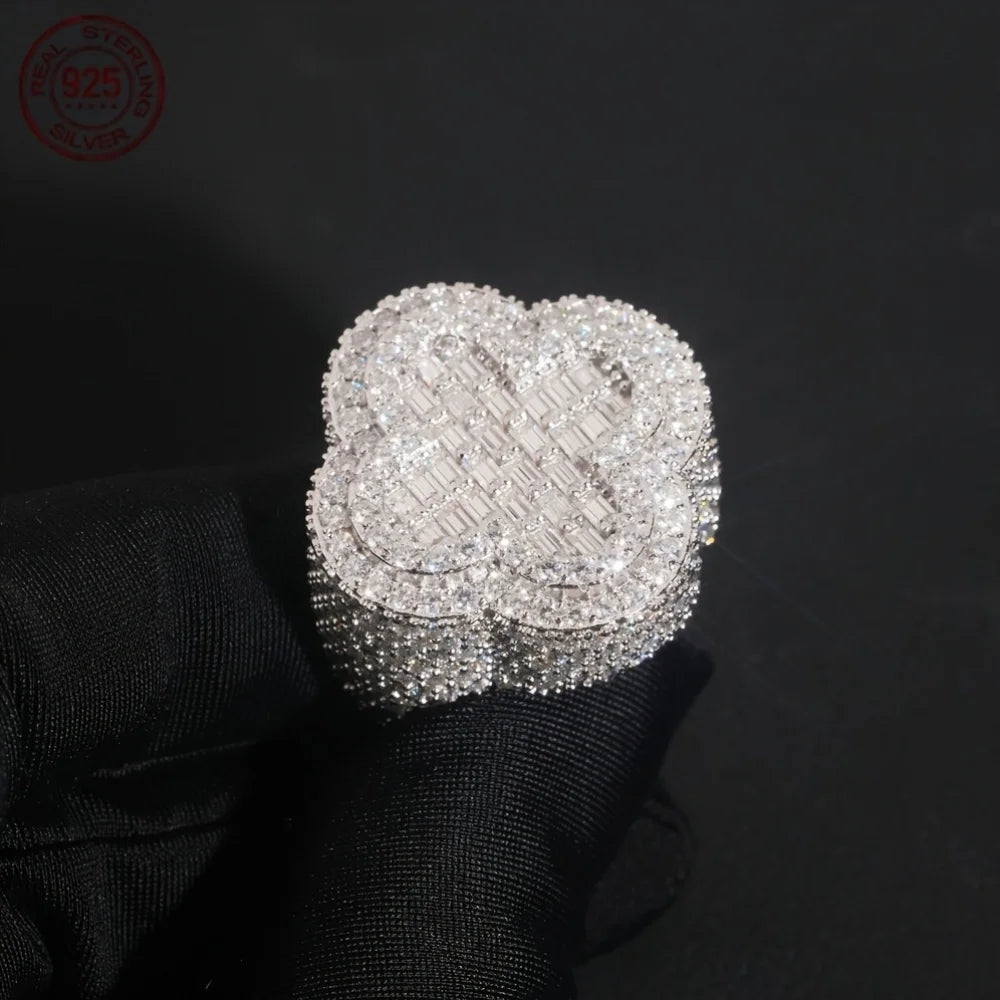 WPOOCC 925 Sterling Silver Cubic Zirconia Clover Ring For Men Gold Plated