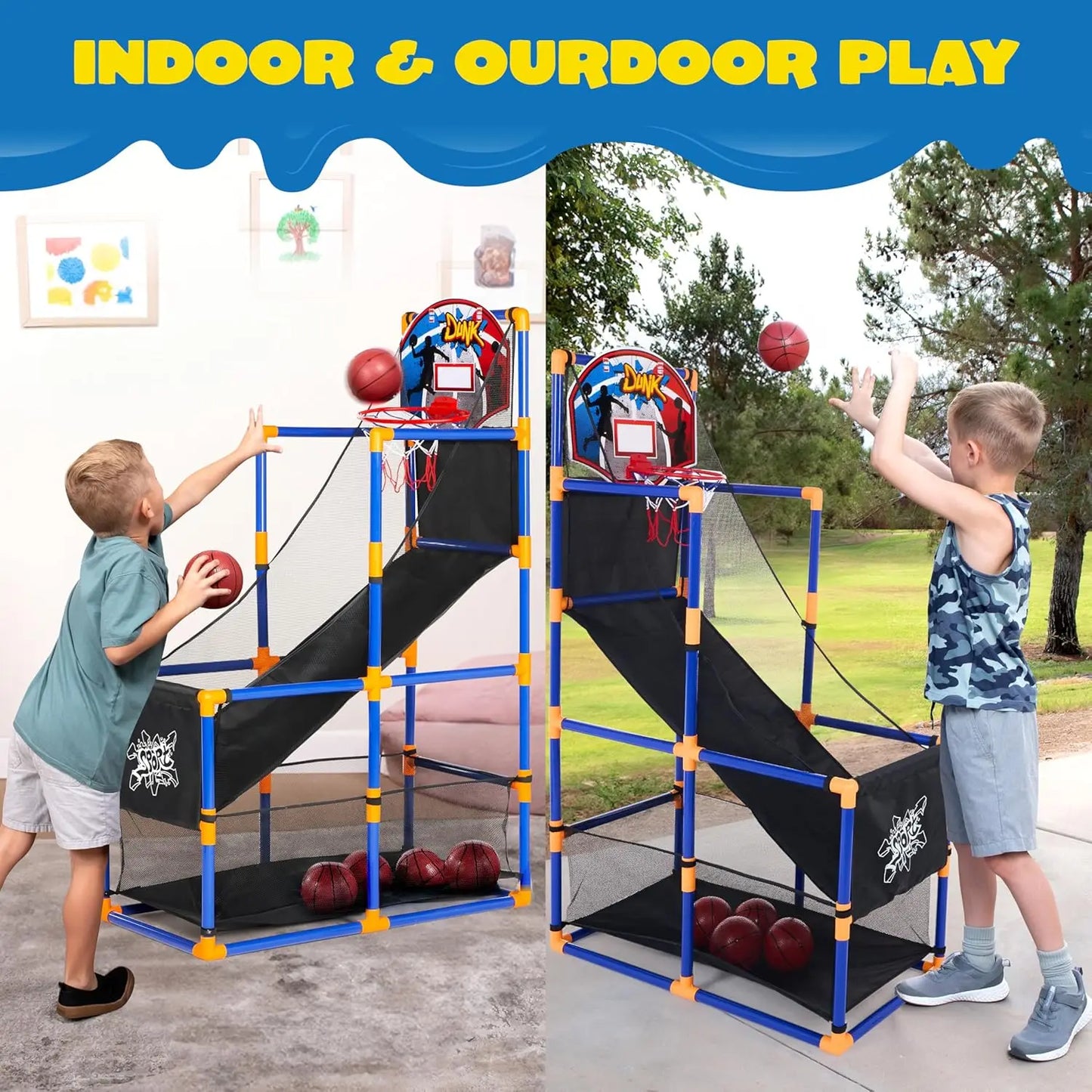Joyfy Kids Arcade Basketball Game Set With 4 Balls And Hoop Indoor Outdoor Play
