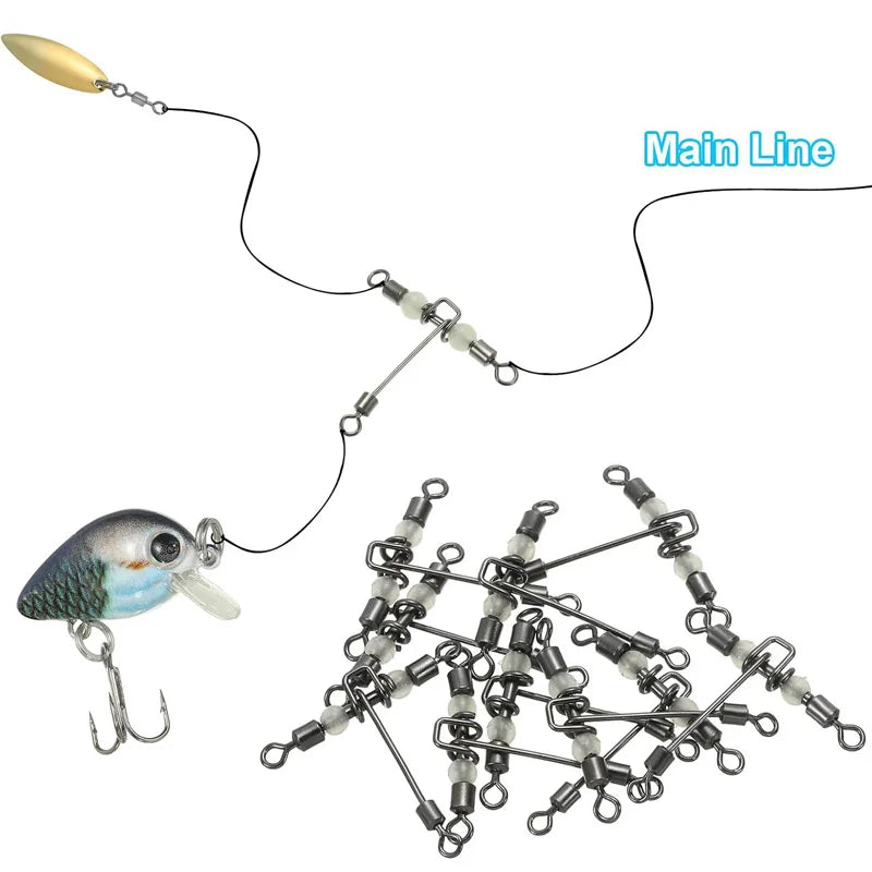 30pcs 3 Way Fishing Swivels Cross Line T Shape Swivels Fishing Snap Connectors with Glow Beads Tackle Saltwater Freshwater