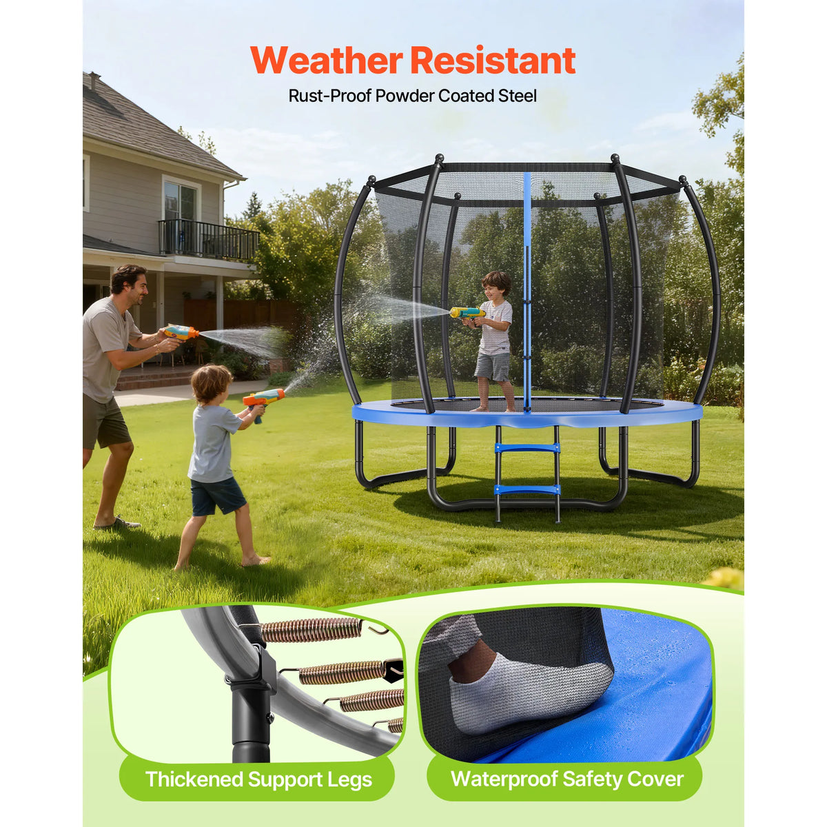 SucceBuy Outdoor Trampoline 8/10/12/14FT ASTM Approved with Enclosure Net & Thickened Pad Max 265/400/450 lbs for Kids & Adults