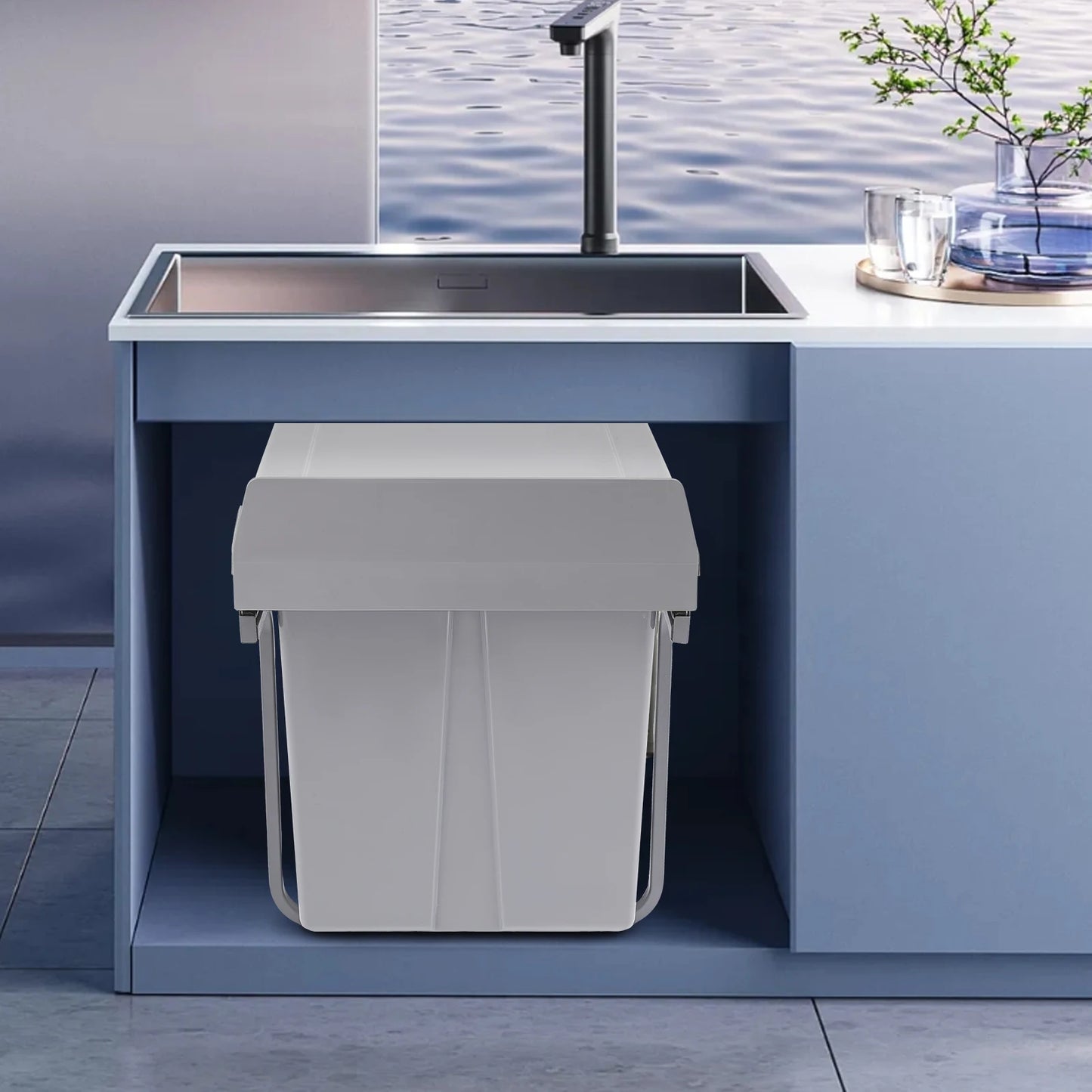 Double 4.4gal Pullout Trash Can Under Cabinet Grey Pullout Recycling Garbage Trash Can Sliding Kitchen Recycle Waste Bin